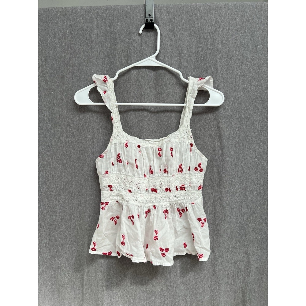 Free People Sz S Tank Top Women Floral Red White Ruffle Sleeve